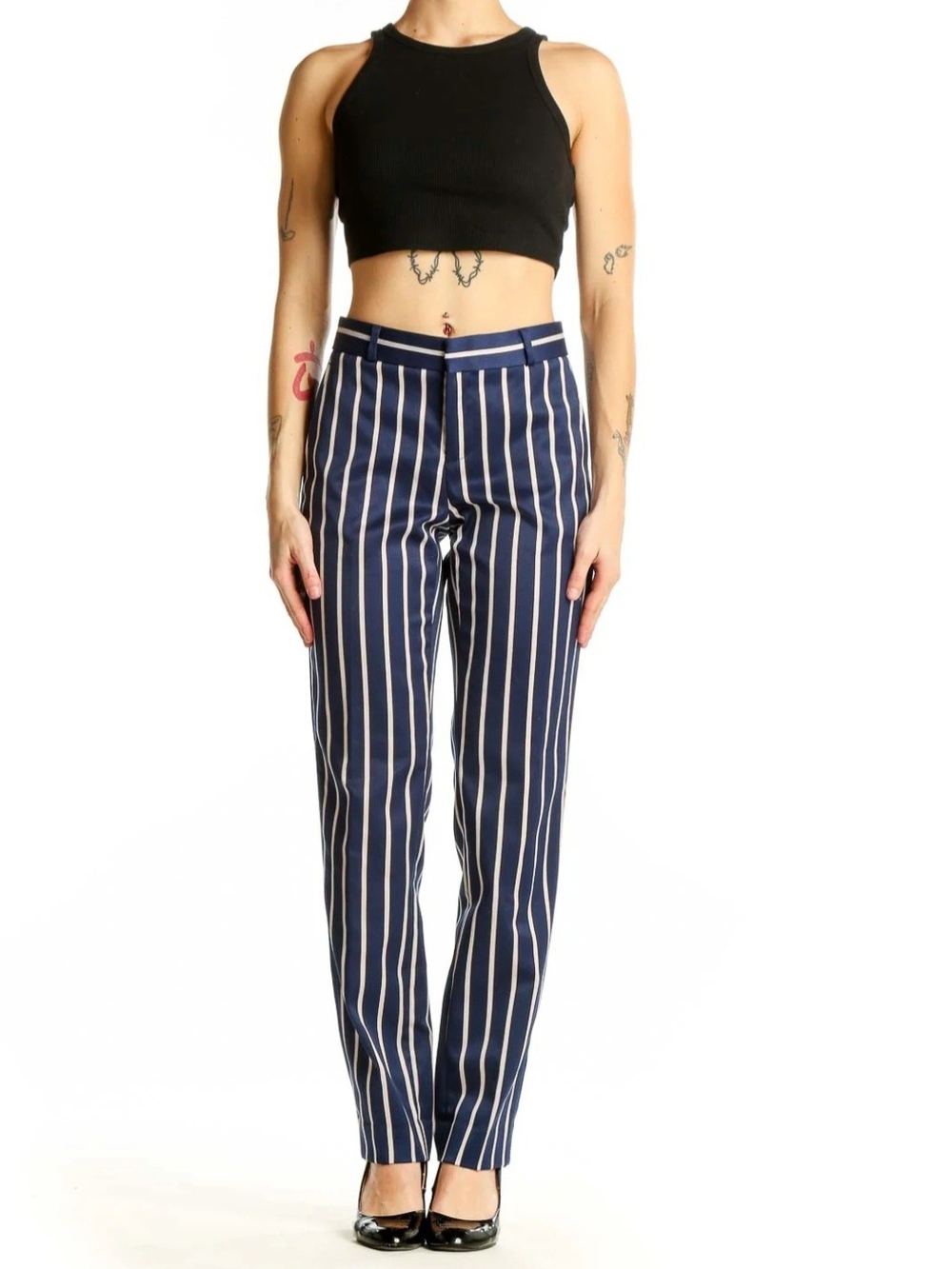 Banana Republic Navy and White Vertical Stripe Orange Line Straight-Leg Pants